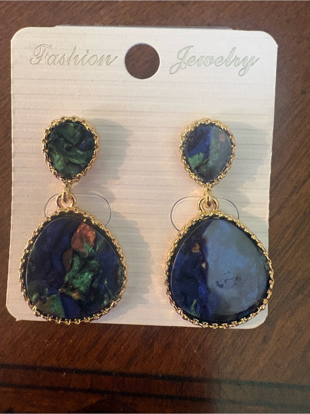 Gold-Trim Blue Green Drop Earrings